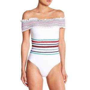 Red Carter Smocked Off the Shoulder Swimsuit